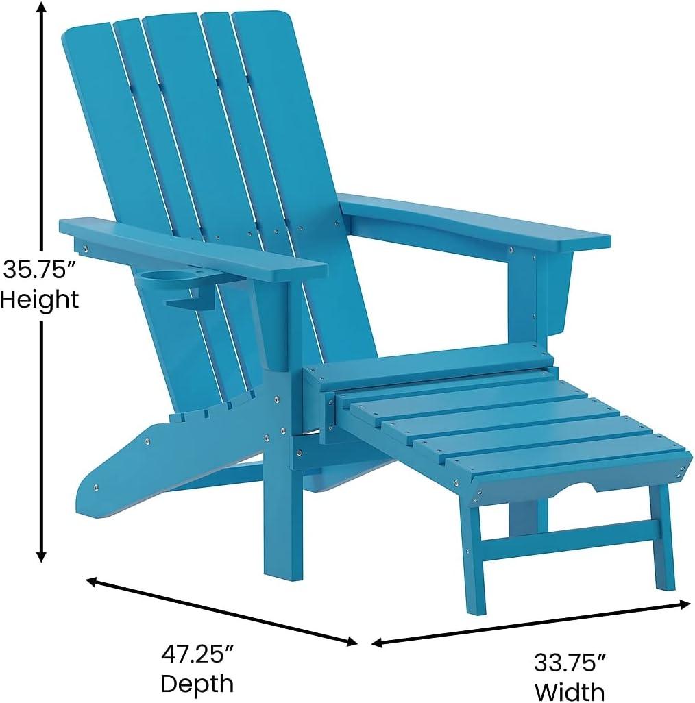 imageFlash Furniture Halifax Poly Resin Adirondack Chair with Cup Holder and Pull Out Ottoman AllWeather Poly Resin IndoorOutdoor Lounge Chair Set of 2 BlackBlue
