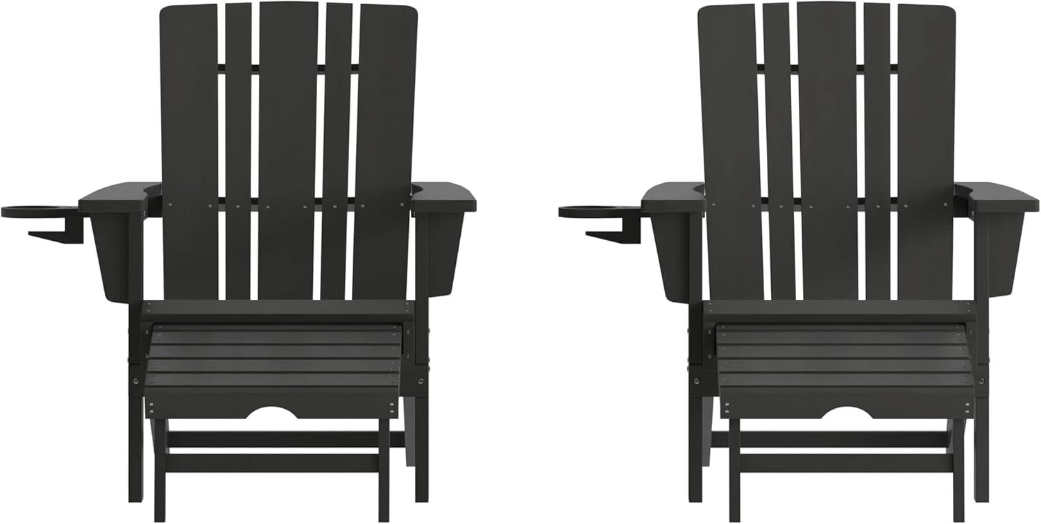 imageFlash Furniture Halifax Poly Resin Adirondack Chair with Cup Holder and Pull Out Ottoman AllWeather Poly Resin IndoorOutdoor Lounge Chair Set of 2 BlackBlack