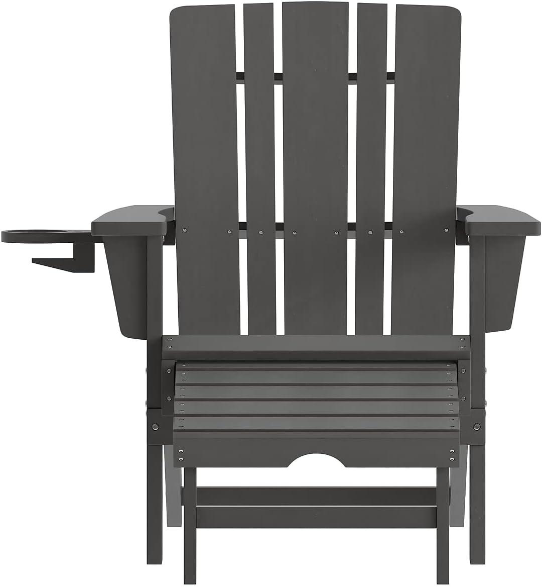 imageFlash Furniture Halifax Poly Resin Adirondack Chair with Cup Holder and Pull Out Ottoman AllWeather Poly Resin IndoorOutdoor Lounge Chair Set of 2 BlackGrey