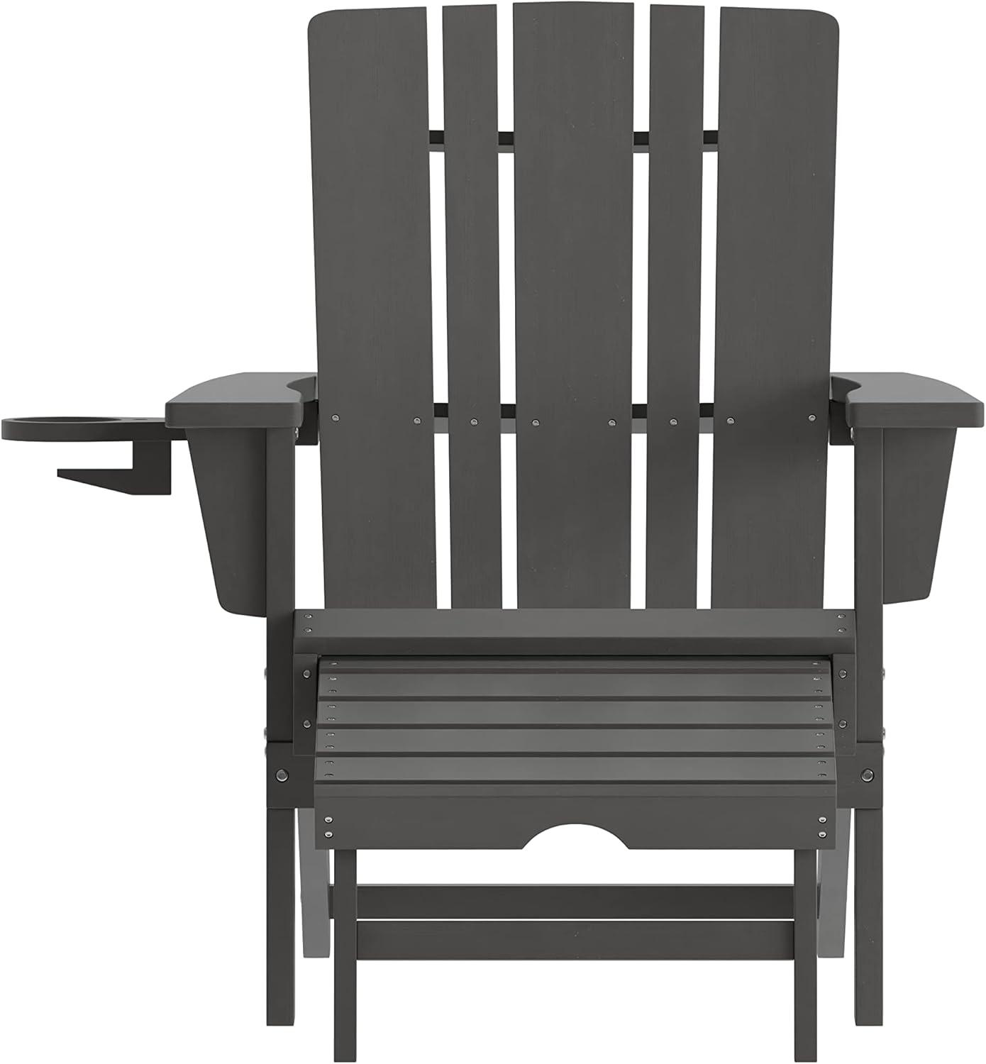 imageFlash Furniture Halifax Poly Resin Adirondack Chair with Cup Holder and Pull Out Ottoman AllWeather Poly Resin IndoorOutdoor Lounge Chair Set of 2 BlackGrey