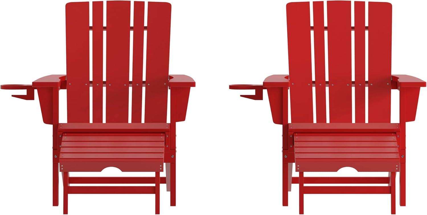 imageFlash Furniture Halifax Poly Resin Adirondack Chair with Cup Holder and Pull Out Ottoman AllWeather Poly Resin IndoorOutdoor Lounge Chair Set of 2 BlackRed