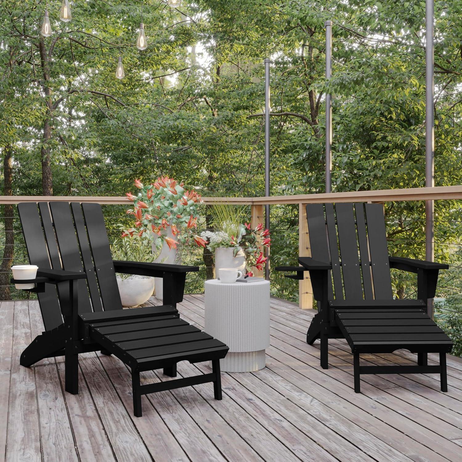 imageFlash Furniture Halifax Poly Resin Adirondack Chair with Cup Holder and Pull Out Ottoman AllWeather Poly Resin IndoorOutdoor Lounge Chair Set of 2 BlackBlack