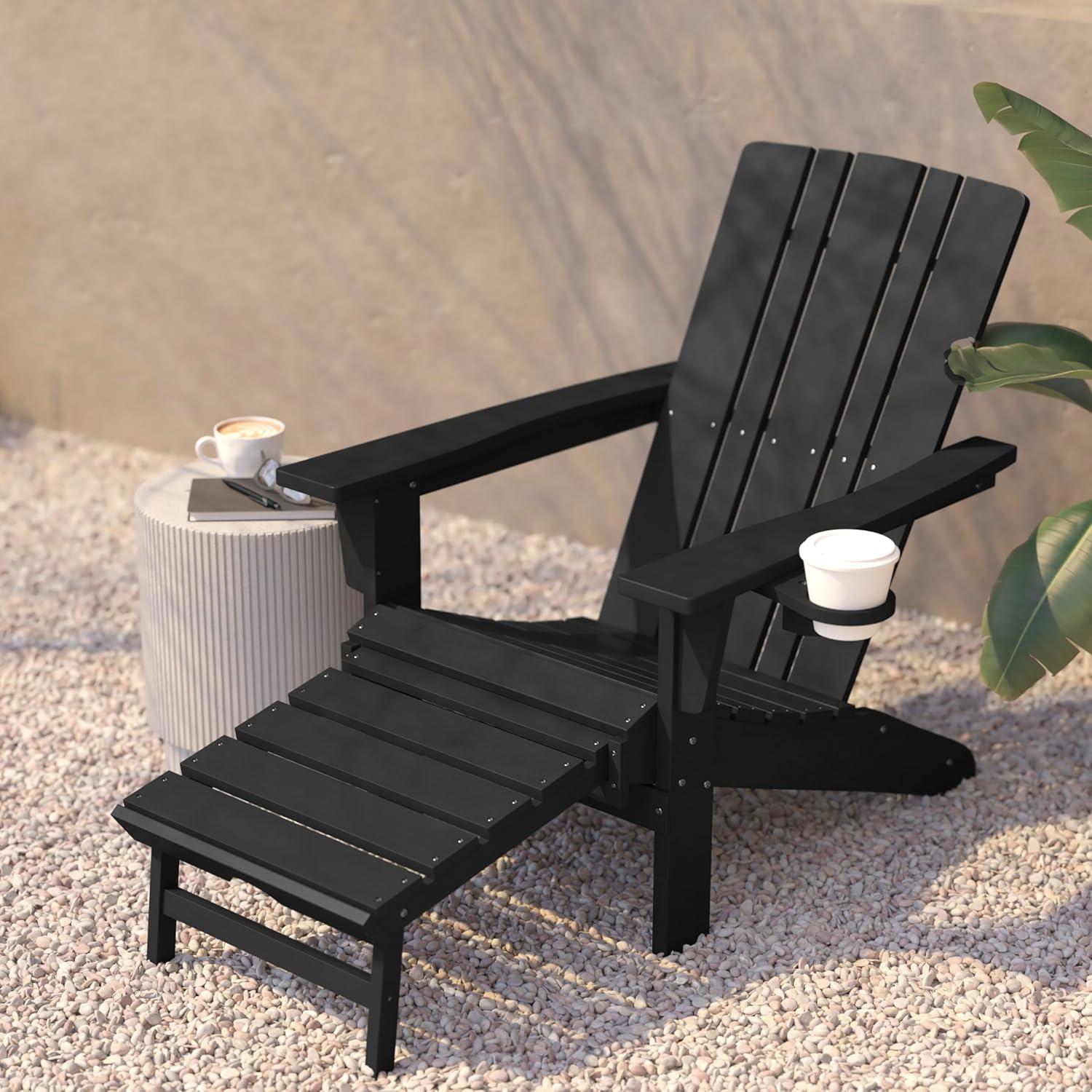 imageFlash Furniture Halifax Poly Resin Adirondack Chair with Cup Holder and Pull Out Ottoman AllWeather Poly Resin IndoorOutdoor Lounge Chair Set of 2 BlackBlack