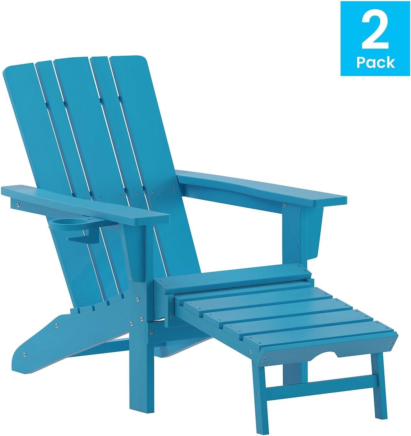 imageFlash Furniture Halifax Poly Resin Adirondack Chair with Cup Holder and Pull Out Ottoman AllWeather Poly Resin IndoorOutdoor Lounge Chair Set of 2 BlackBlue