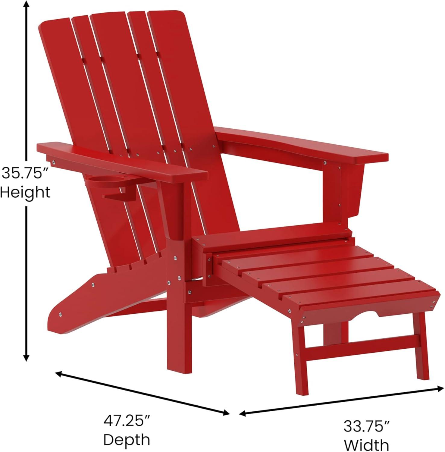 imageFlash Furniture Halifax Poly Resin Adirondack Chair with Cup Holder and Pull Out Ottoman AllWeather Poly Resin IndoorOutdoor Lounge Chair Set of 2 BlackRed