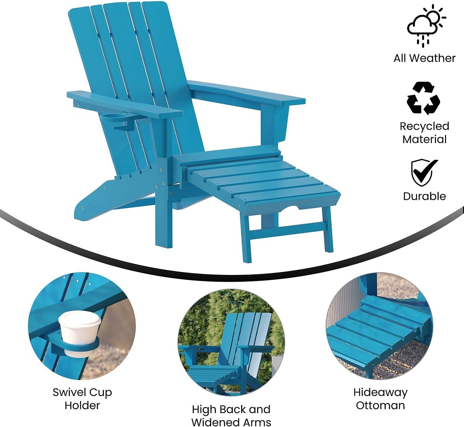 imageFlash Furniture Halifax Poly Resin Adirondack Chair with Cup Holder and Pull Out Ottoman AllWeather Poly Resin IndoorOutdoor Lounge Chair Set of 2 BlackBlue