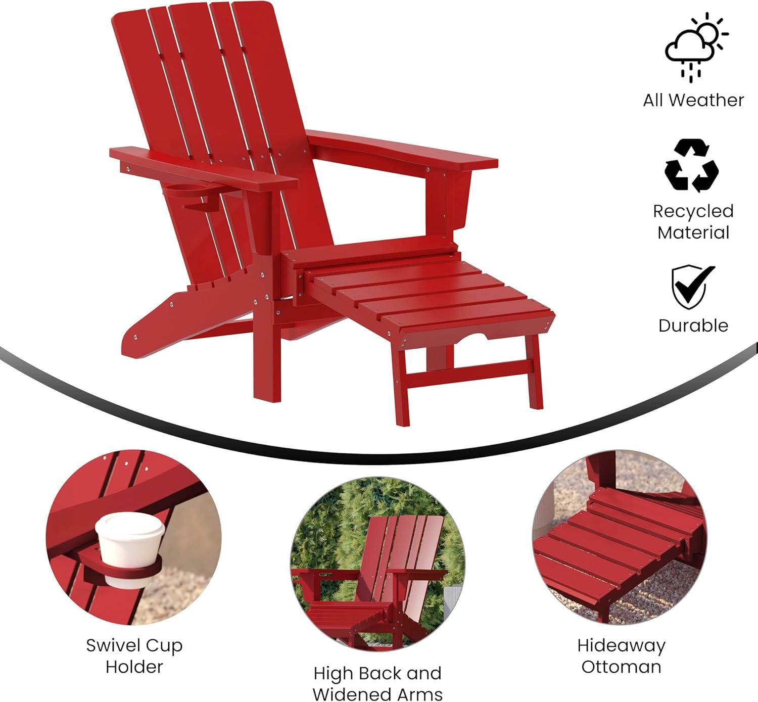 imageFlash Furniture Halifax Poly Resin Adirondack Chair with Cup Holder and Pull Out Ottoman AllWeather Poly Resin IndoorOutdoor Lounge Chair Set of 2 BlackRed
