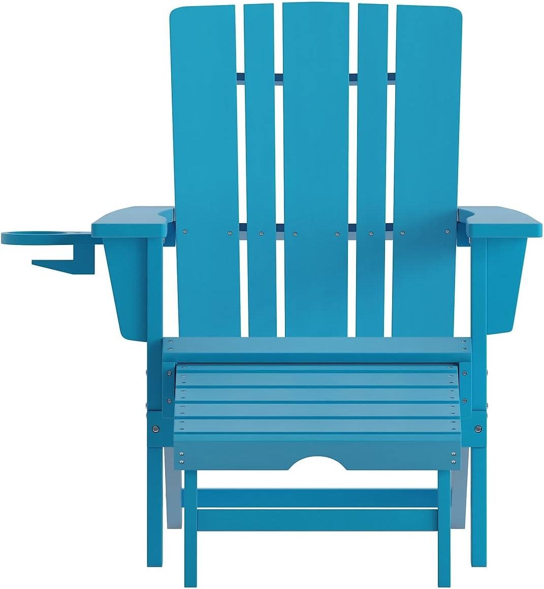 imageFlash Furniture Halifax Poly Resin Adirondack Chair with Cup Holder and Pull Out Ottoman AllWeather Poly Resin IndoorOutdoor Lounge Chair Set of 2 BlackBlue