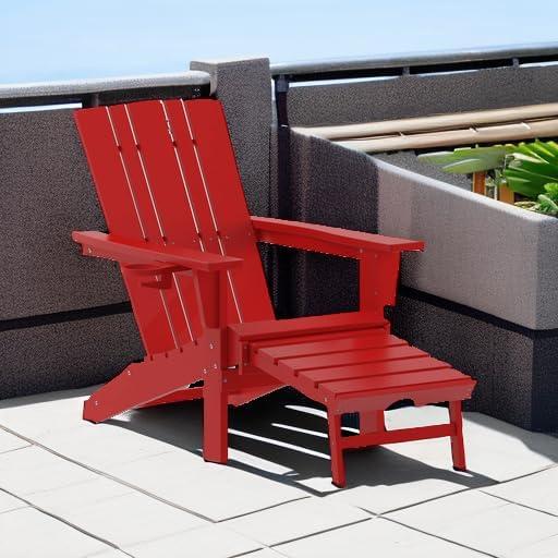 imageFlash Furniture Halifax Poly Resin Adirondack Chair with Cup Holder and Pull Out Ottoman AllWeather Poly Resin IndoorOutdoor Lounge Chair Set of 2 BlackRed