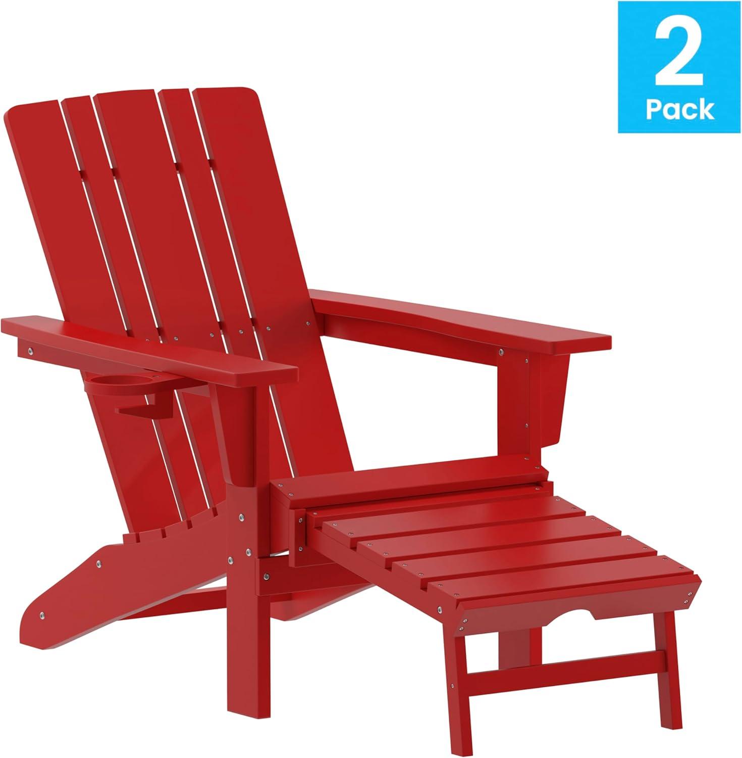 imageFlash Furniture Halifax Poly Resin Adirondack Chair with Cup Holder and Pull Out Ottoman AllWeather Poly Resin IndoorOutdoor Lounge Chair Set of 2 BlackRed