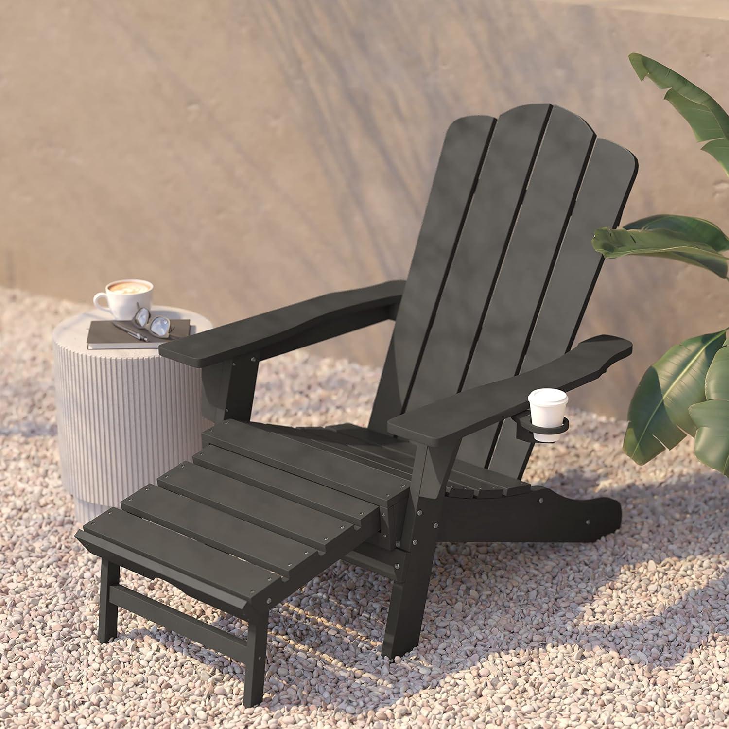 imageFlash Furniture Halifax Poly Resin Adirondack Chair with Cup Holder and Pull Out Ottoman AllWeather Poly Resin IndoorOutdoor Lounge Chair Set of 2 BlackGrey