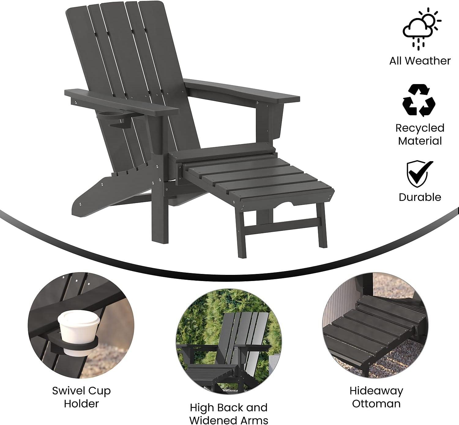 imageFlash Furniture Halifax Poly Resin Adirondack Chair with Cup Holder and Pull Out Ottoman AllWeather Poly Resin IndoorOutdoor Lounge Chair Set of 2 BlackGrey