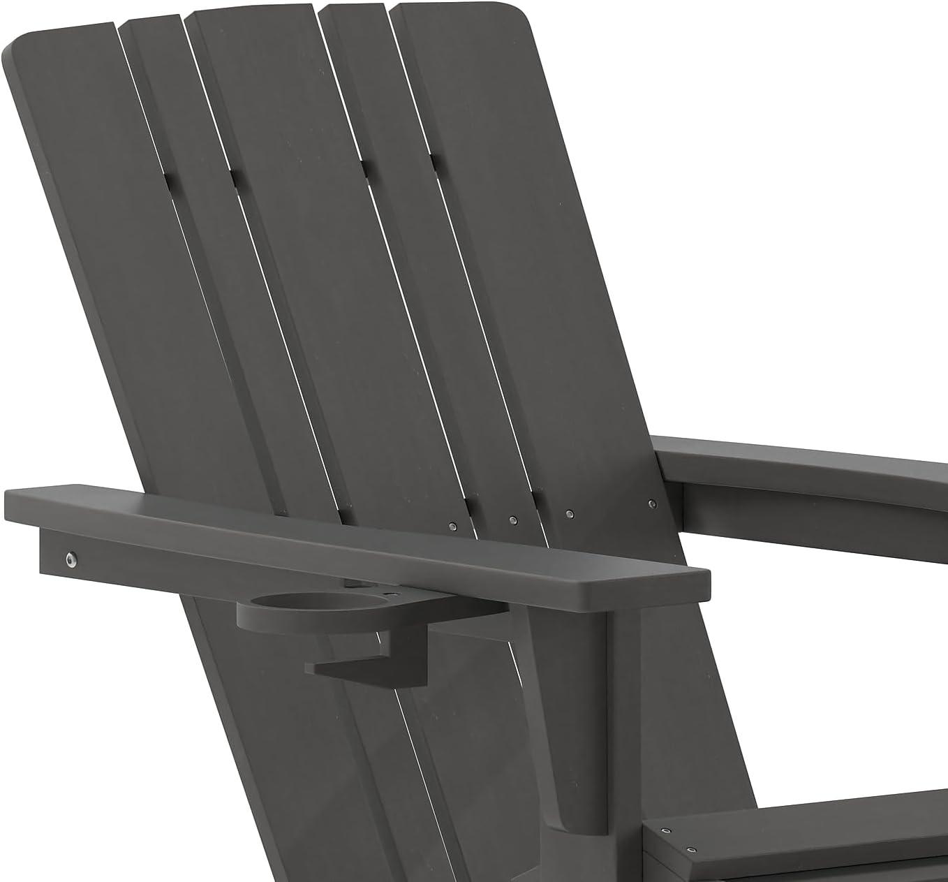 imageFlash Furniture Halifax Poly Resin Adirondack Chair with Cup Holder and Pull Out Ottoman AllWeather Poly Resin IndoorOutdoor Lounge Chair Set of 2 BlackGrey