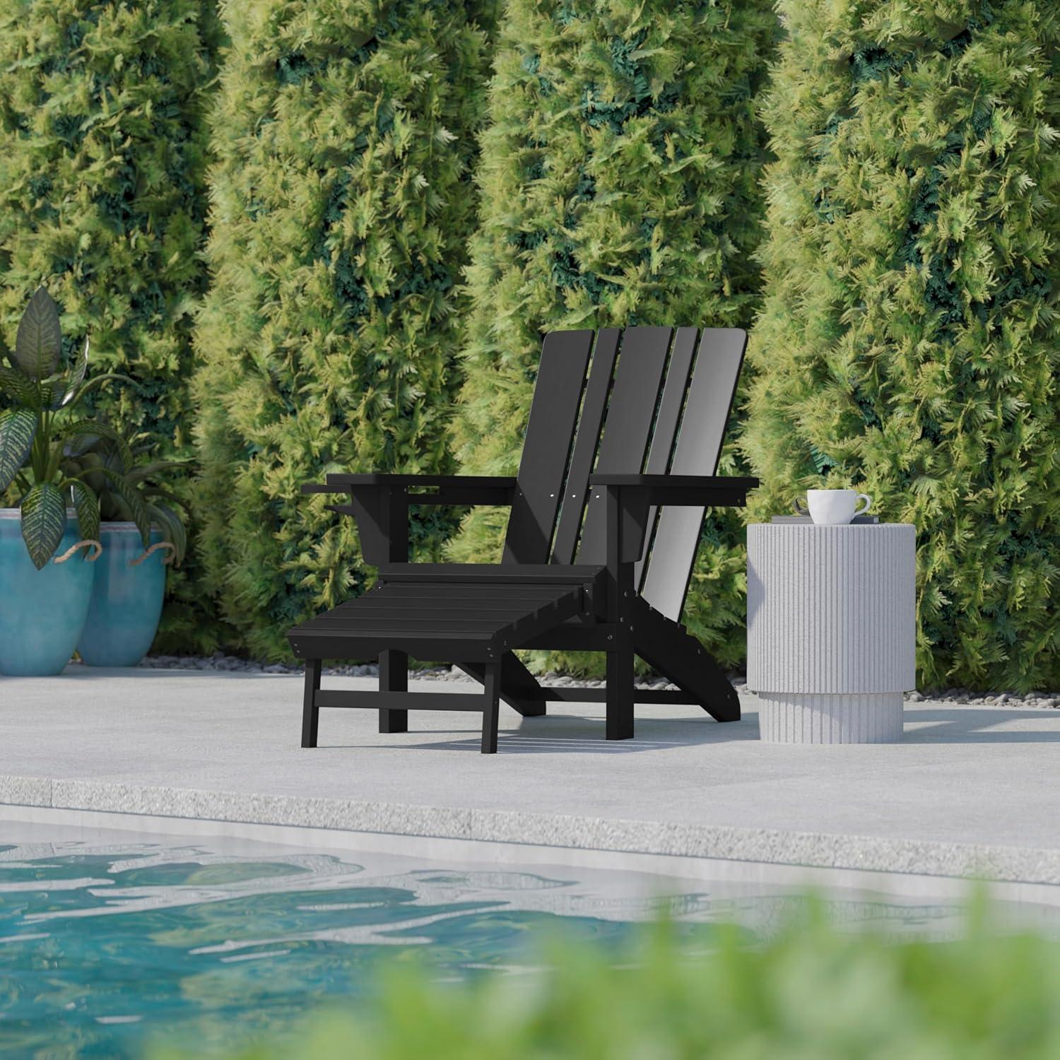 imageFlash Furniture Halifax Poly Resin Adirondack Chair with Cup Holder and Pull Out Ottoman AllWeather Poly Resin IndoorOutdoor Lounge Chair Set of 2 BlackBlack