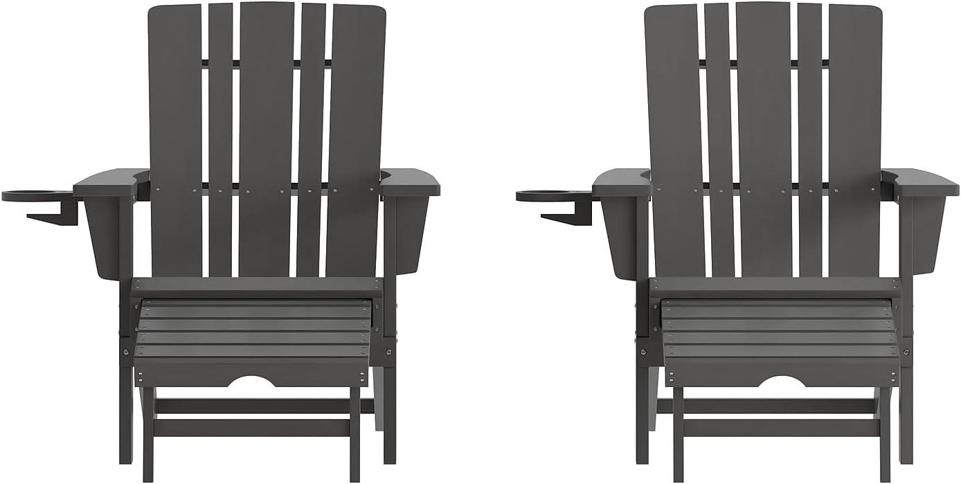 imageFlash Furniture Halifax Poly Resin Adirondack Chair with Cup Holder and Pull Out Ottoman AllWeather Poly Resin IndoorOutdoor Lounge Chair Set of 2 BlackGrey