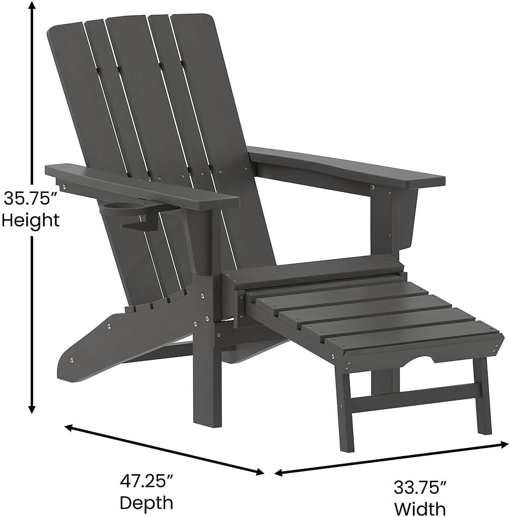 imageFlash Furniture Halifax Poly Resin Adirondack Chair with Cup Holder and Pull Out Ottoman AllWeather Poly Resin IndoorOutdoor Lounge Chair Set of 2 BlackGrey