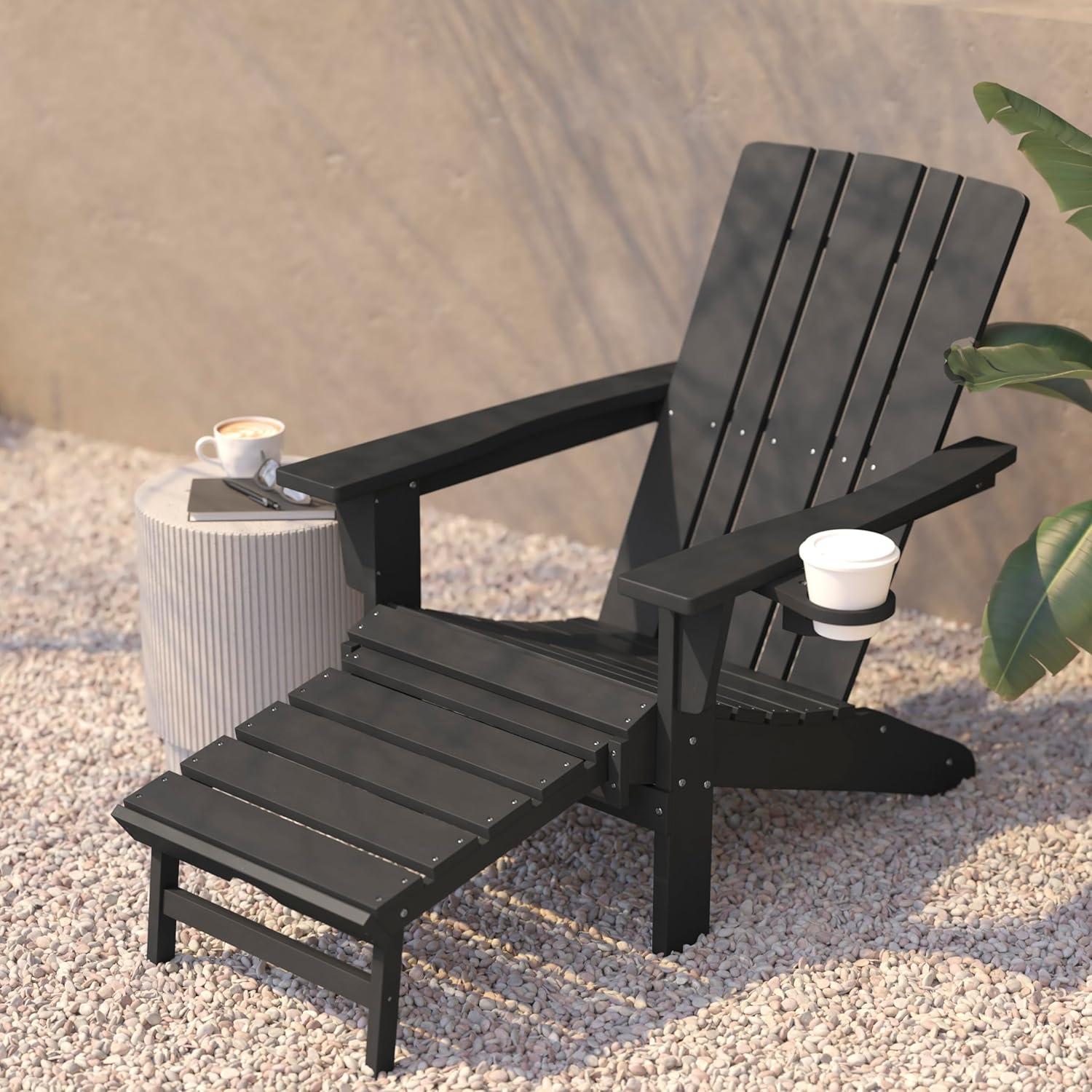 imageFlash Furniture Halifax Poly Resin Adirondack Chair with Cup Holder and Pull Out Ottoman AllWeather Poly Resin IndoorOutdoor Lounge Chair Set of 2 BlackGrey