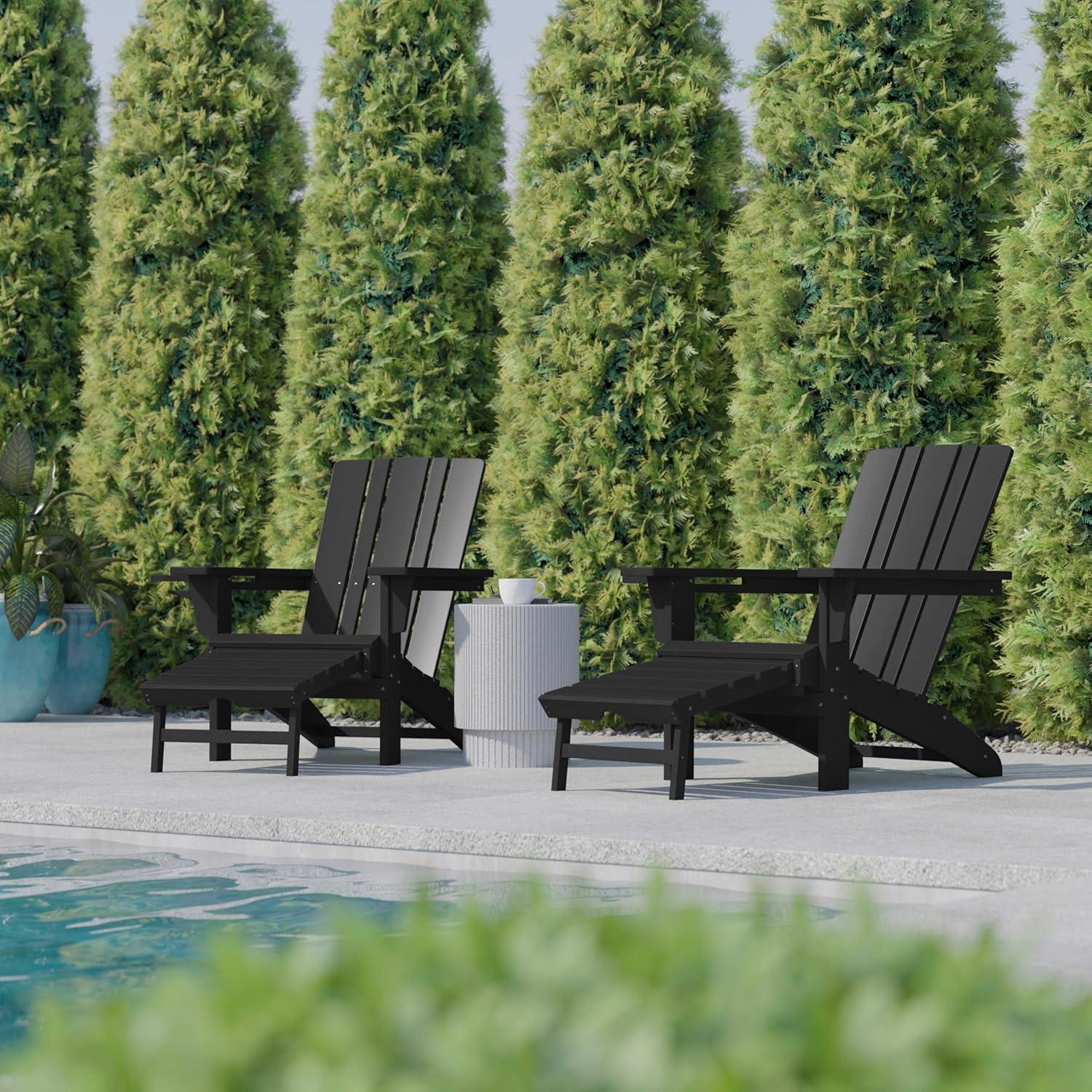 imageFlash Furniture Halifax Poly Resin Adirondack Chair with Cup Holder and Pull Out Ottoman AllWeather Poly Resin IndoorOutdoor Lounge Chair Set of 2 BlackBlack