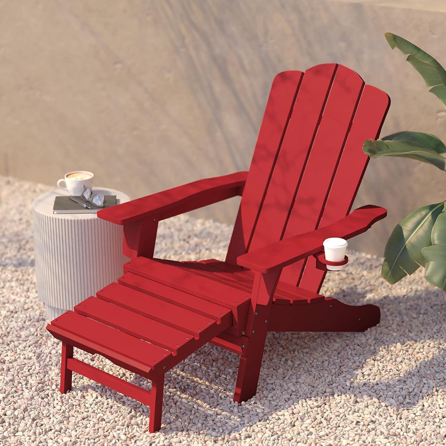 imageFlash Furniture Halifax Poly Resin Adirondack Chair with Cup Holder and Pull Out Ottoman AllWeather Poly Resin IndoorOutdoor Lounge Chair Set of 2 BlackRed