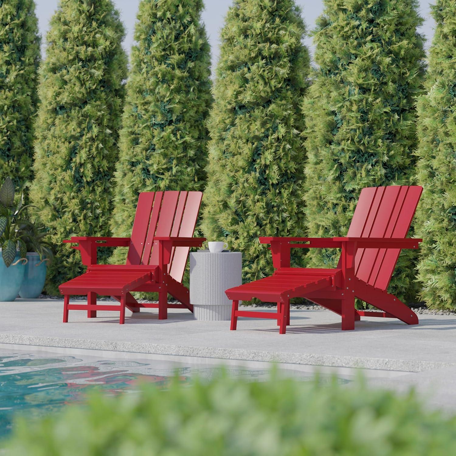 imageFlash Furniture Halifax Poly Resin Adirondack Chair with Cup Holder and Pull Out Ottoman AllWeather Poly Resin IndoorOutdoor Lounge Chair Set of 2 BlackRed