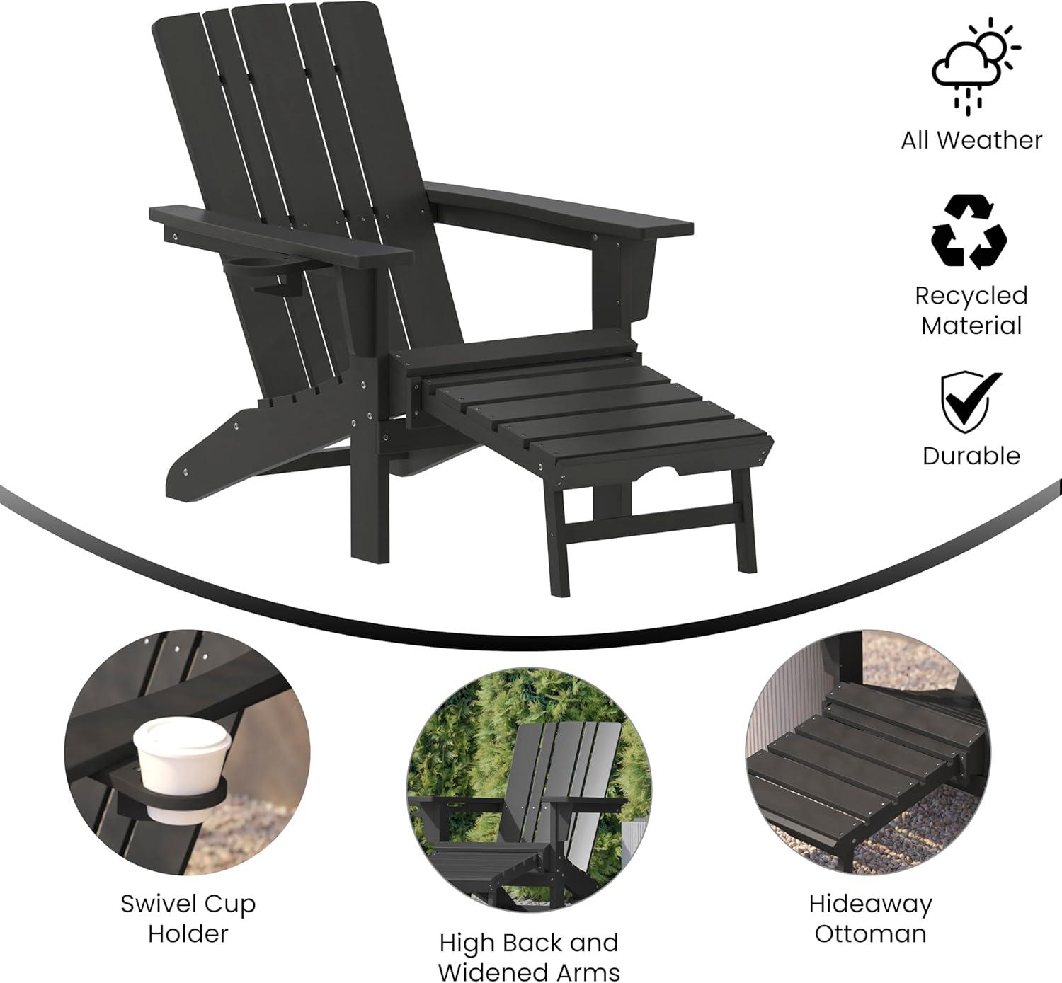 imageFlash Furniture Halifax Poly Resin Adirondack Chair with Cup Holder and Pull Out Ottoman AllWeather Poly Resin IndoorOutdoor Lounge Chair Set of 2 BlackBlack