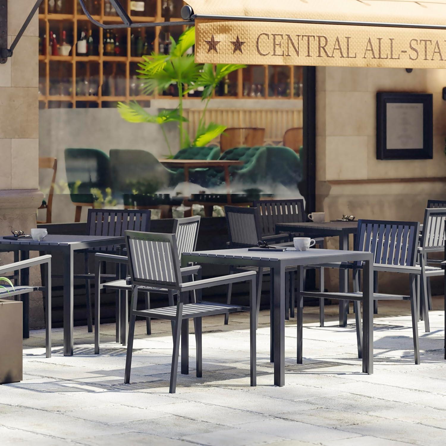 imageFlash Furniture Harris Commercial IndoorOutdoor Patio Table Black Poly Resin Slatted Top Black Steel Frame Seating for 4