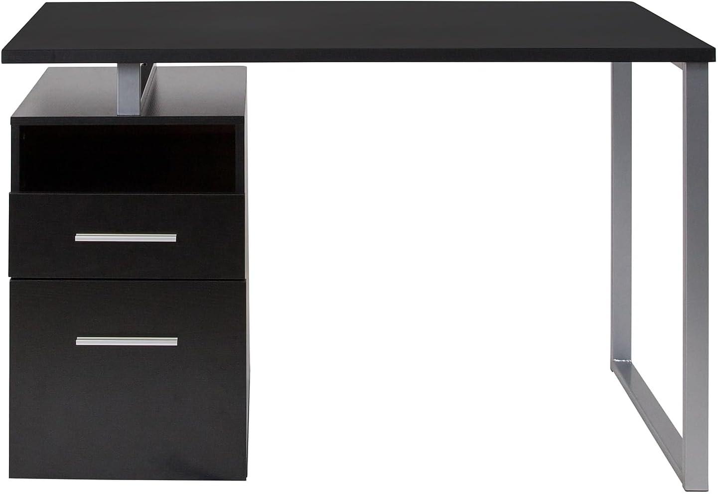 imageFlash Furniture Harwood Dark Ash Wood Grain Finish Computer Desk with Two Drawers and Silver Metal FrameDark Ash