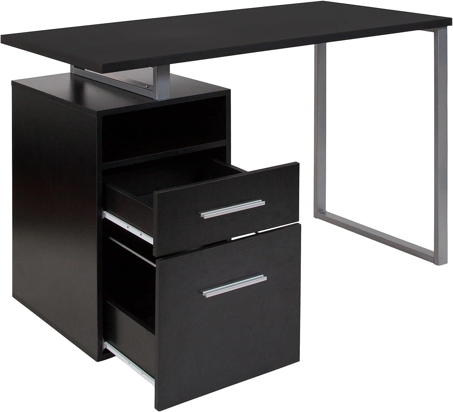 imageFlash Furniture Harwood Dark Ash Wood Grain Finish Computer Desk with Two Drawers and Silver Metal FrameDark Ash