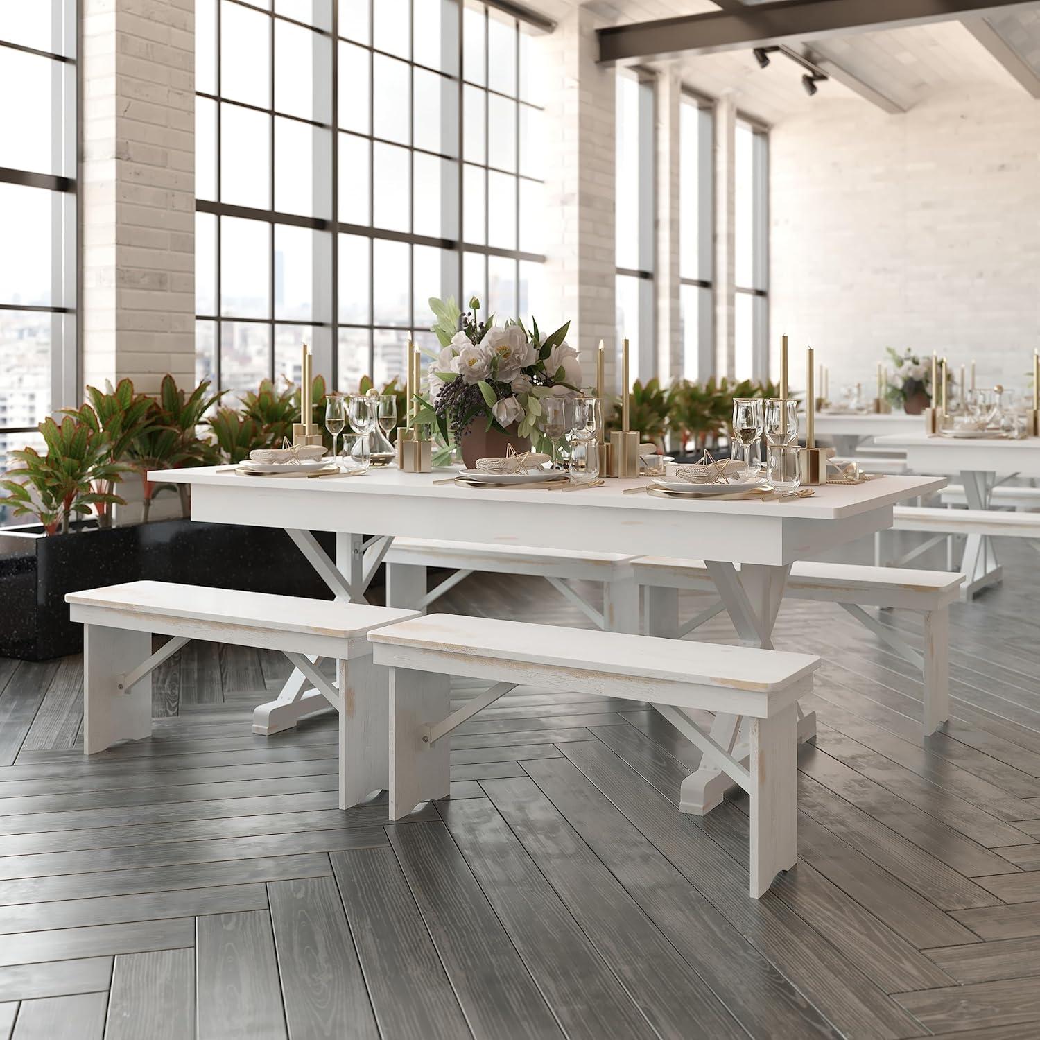 imageFlash Furniture Hercules Series 7 x 40quot Rustic Solid Pine Folding Dining Table Rectangular Antique Farmhouse Dining and Event Extension TableAntique Rustic White