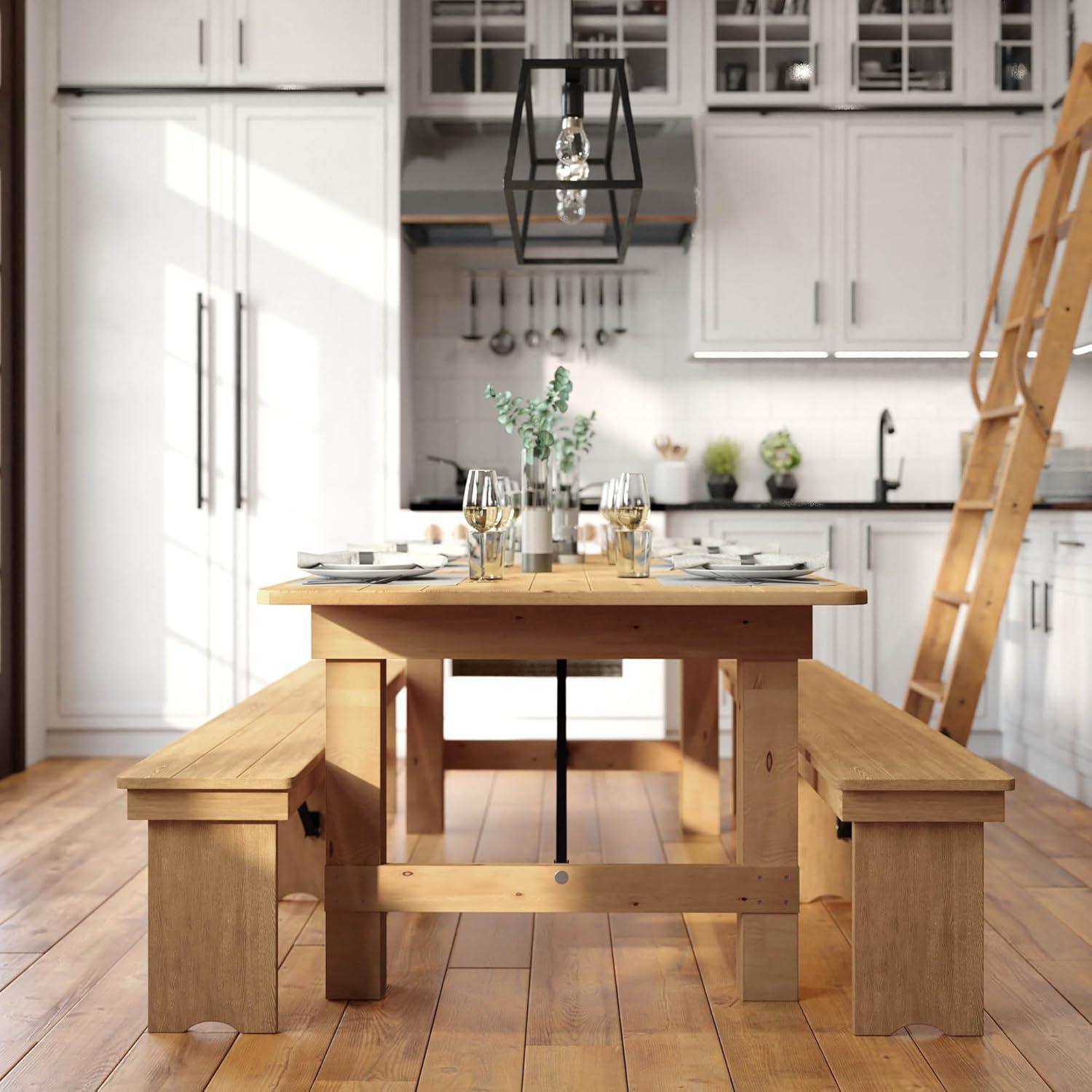 imageFlash Furniture Hercules Series 7 x 40quot Rustic Solid Pine Folding Dining Table Rectangular Antique Farmhouse Dining and Event Extension TableLight Natural