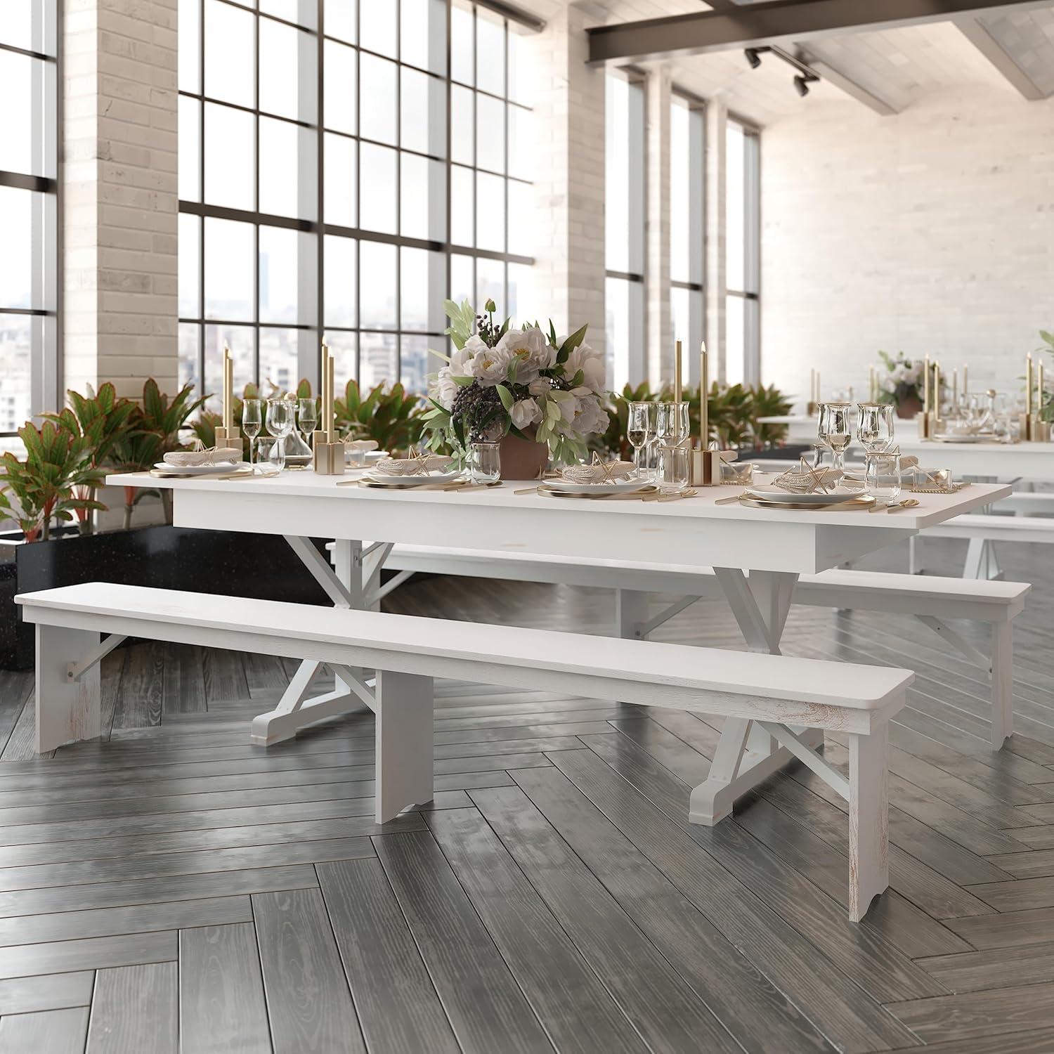 imageFlash Furniture Hercules Series 8 x 40quot Rustic Solid Pine Folding Dining Table Rectangular Antique Farmhouse Dining and Event Extension TableAntique Rustic White