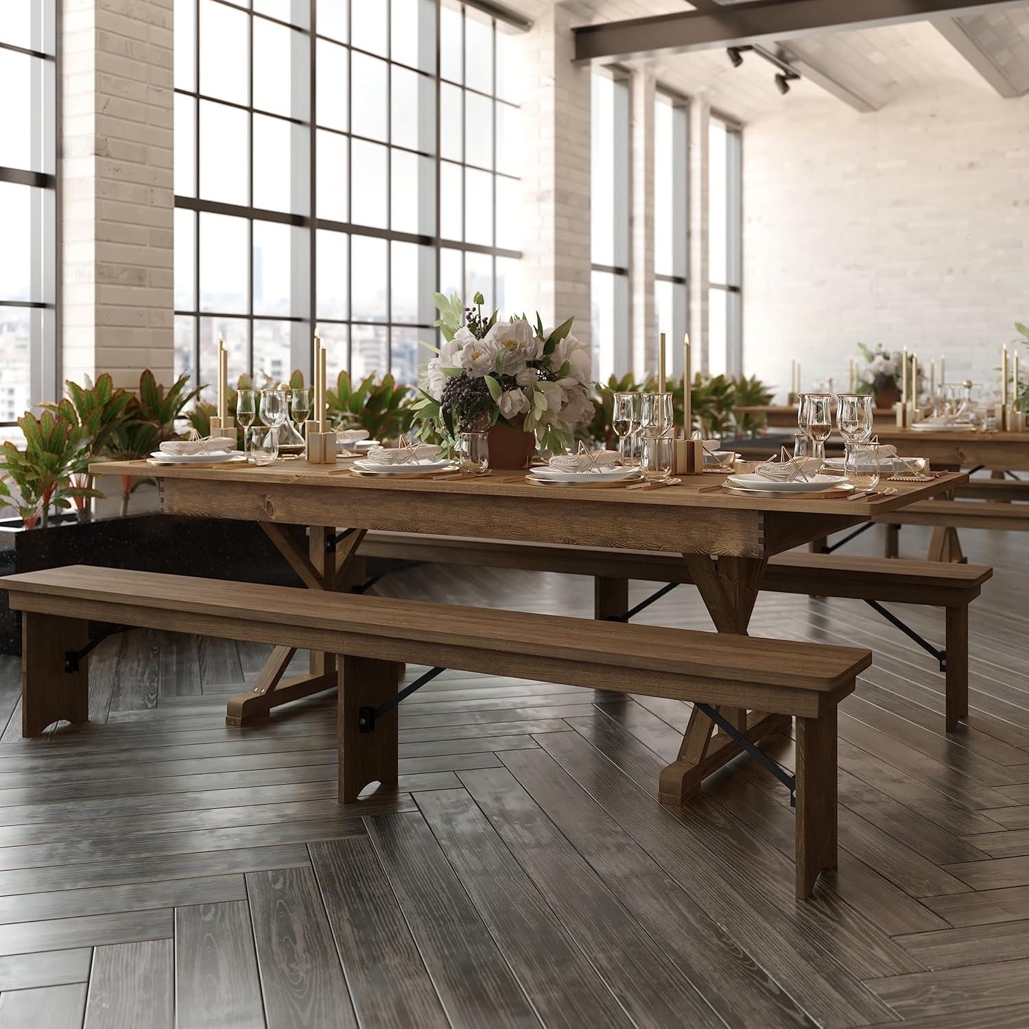imageFlash Furniture Hercules Series 8 x 40quot Rustic Solid Pine Folding Dining Table Rectangular Antique Farmhouse Dining and Event Extension TableAntique Rustic