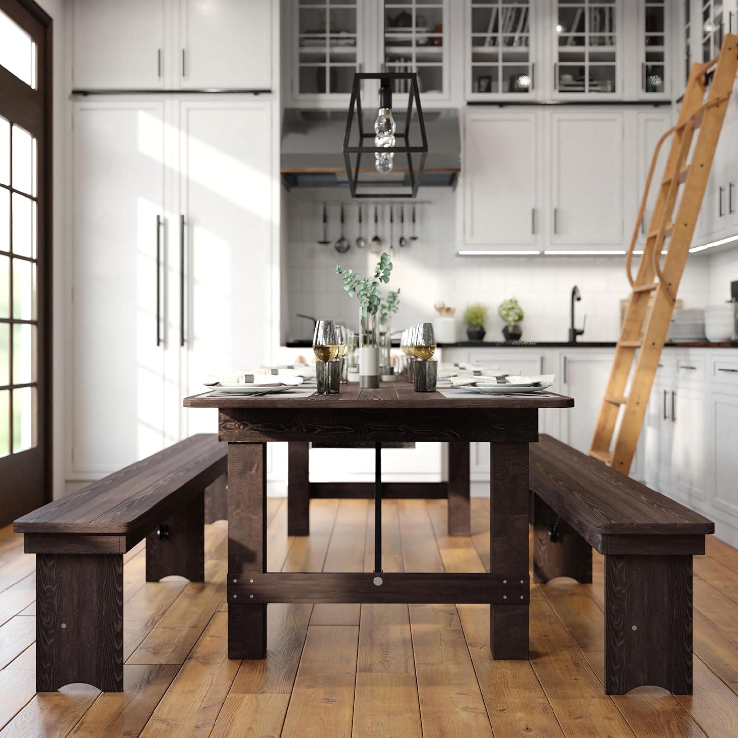 imageFlash Furniture Hercules Series 8 x 40quot Rustic Solid Pine Folding Dining Table Rectangular Antique Farmhouse Dining and Event Extension TableMahogany