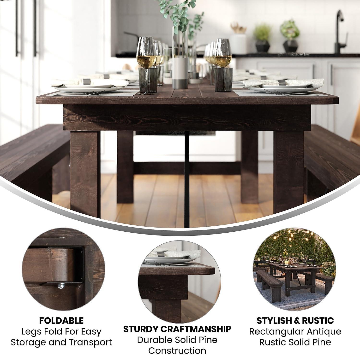 imageFlash Furniture Hercules Series 8 x 40quot Rustic Solid Pine Folding Dining Table Rectangular Antique Farmhouse Dining and Event Extension TableMahogany