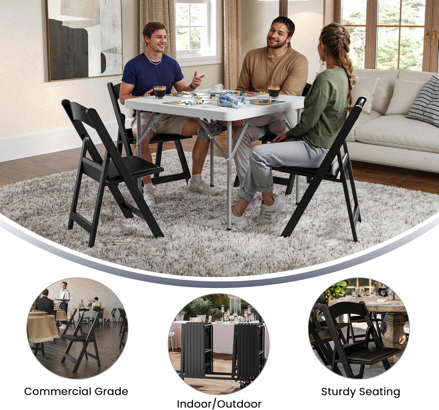 imageFlash Furniture Hercules Series Folding Chair White Resin Set of 4 800LB Weight Capacity Comfortable Event Chair Light Weight Folding ChairBlack