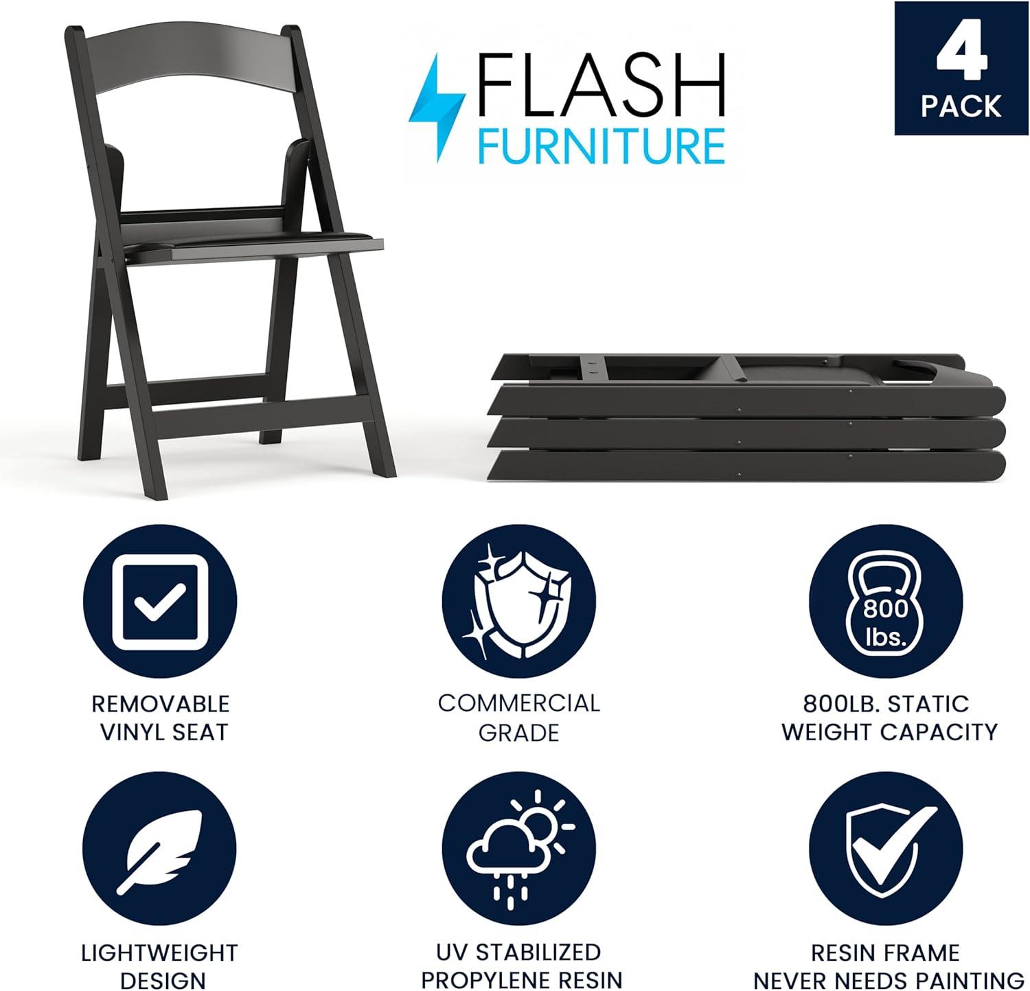 imageFlash Furniture Hercules Series Folding Chair White Resin Set of 4 800LB Weight Capacity Comfortable Event Chair Light Weight Folding ChairBlack