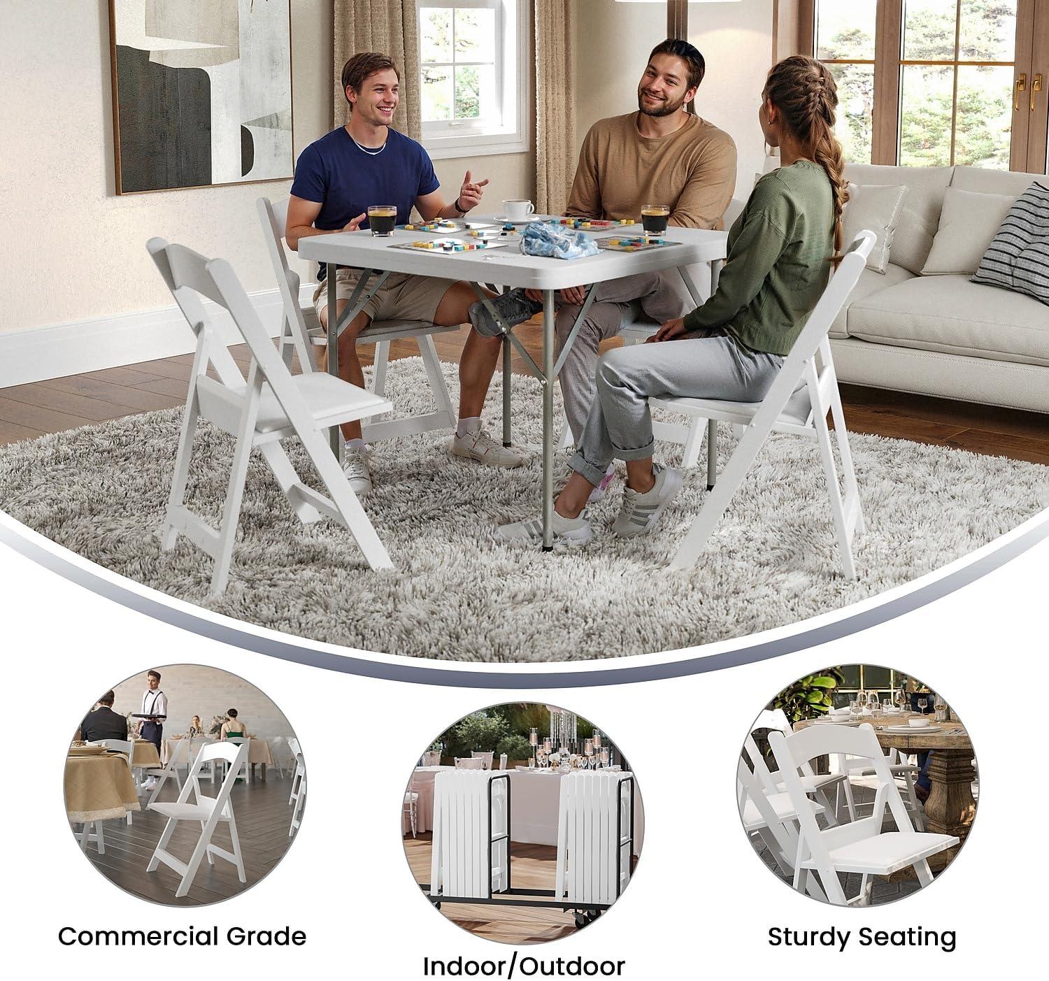 imageFlash Furniture Hercules Series Folding Chair White Resin Set of 4 800LB Weight Capacity Comfortable Event Chair Light Weight Folding ChairWhite