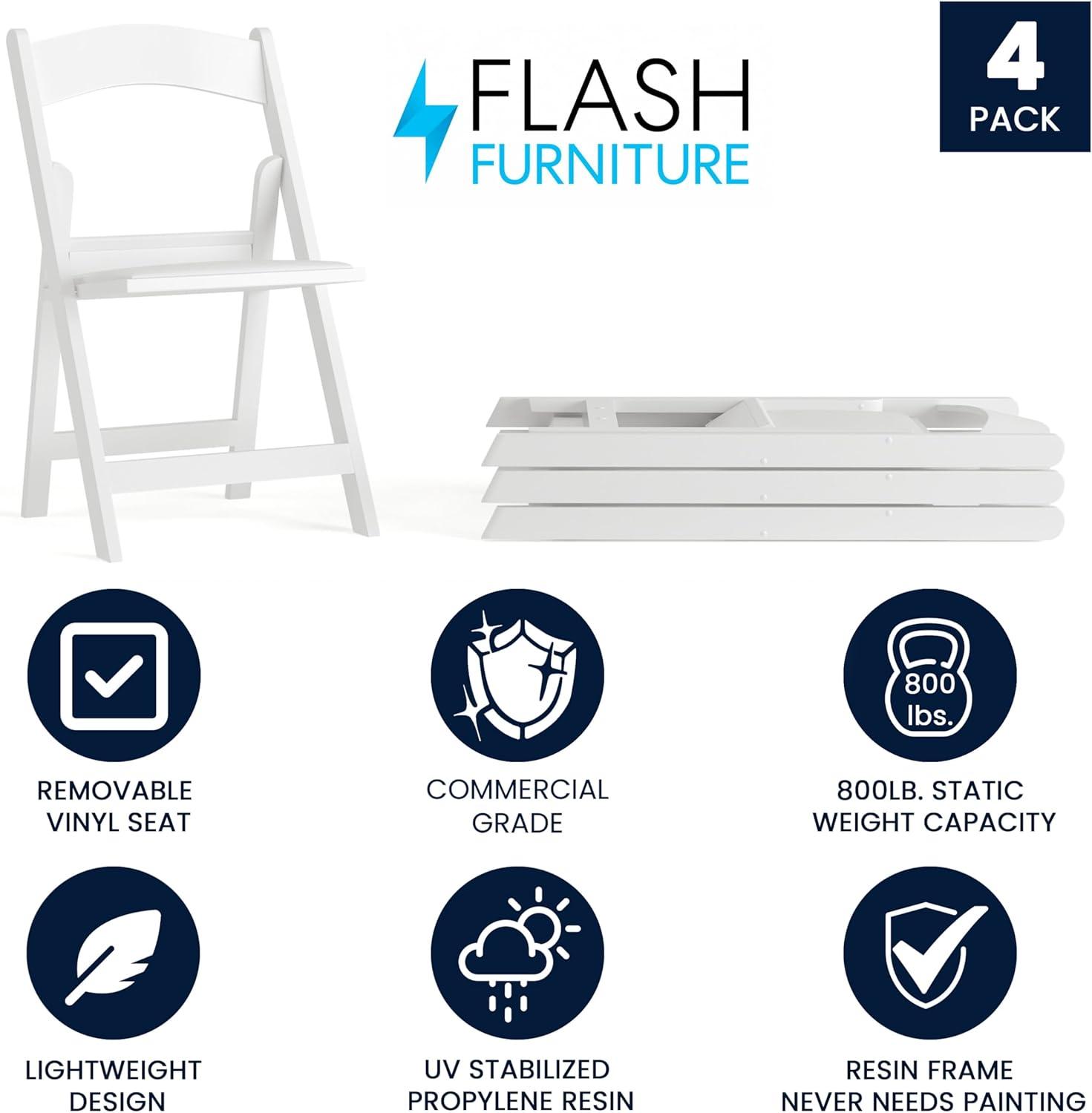 imageFlash Furniture Hercules Series Folding Chair White Resin Set of 4 800LB Weight Capacity Comfortable Event Chair Light Weight Folding ChairWhite