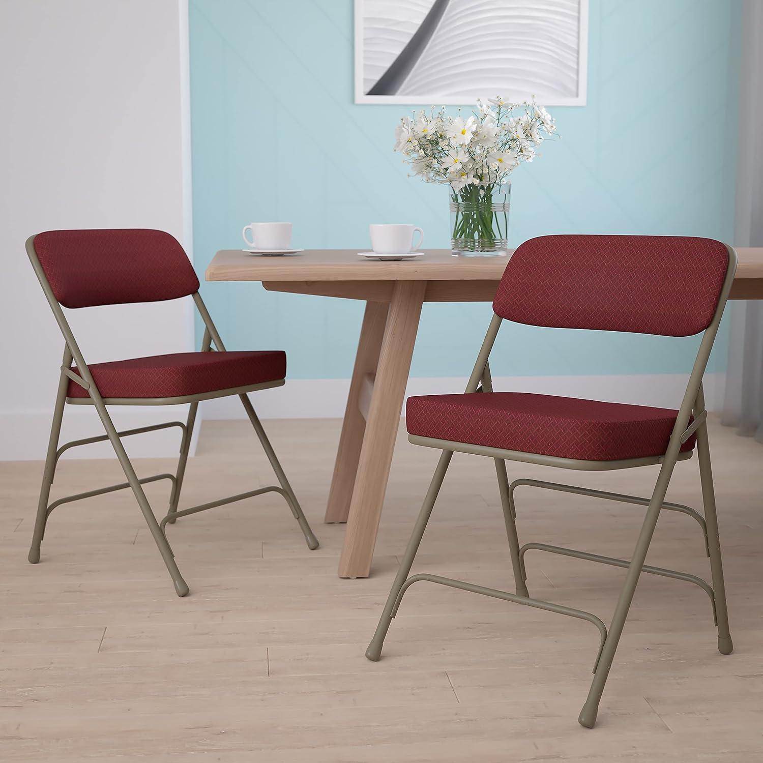 imageFlash Furniture Hercules Series Metal Folding Chairs with Cushioned Seat Fabric Upholstered Event Chairs with 300lb Static Weight Capacity Set of 4 GrayBurgundy FabricGray Frame