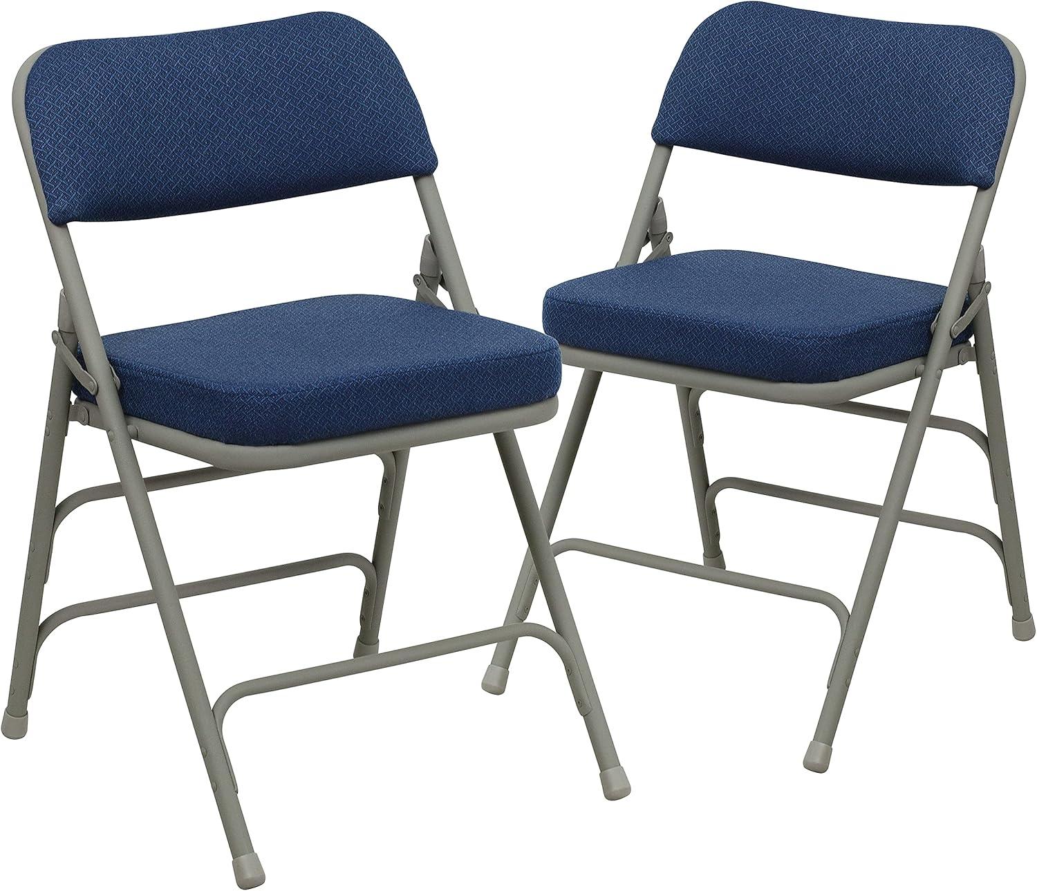 imageFlash Furniture Hercules Series Metal Folding Chairs with Cushioned Seat Fabric Upholstered Event Chairs with 300lb Static Weight Capacity Set of 4 GrayNavy FabricGray Frame