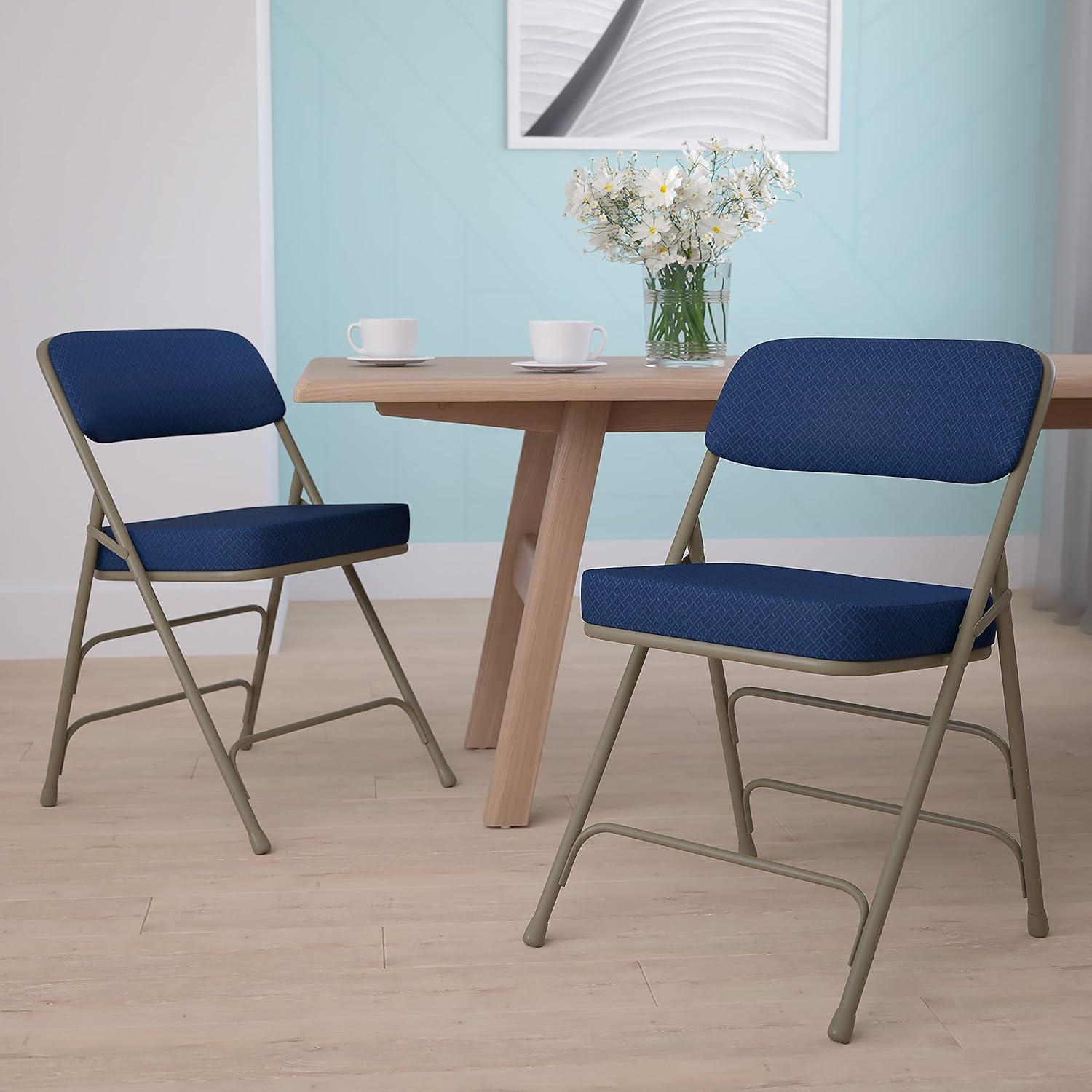 imageFlash Furniture Hercules Series Metal Folding Chairs with Cushioned Seat Fabric Upholstered Event Chairs with 300lb Static Weight Capacity Set of 4 GrayNavy FabricGray Frame
