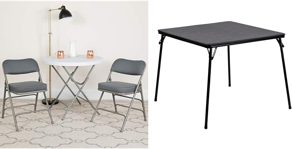 imageFlash Furniture Hercules Series Metal Folding Chairs with Padded Seats Set of 4 Gray Metal Folding Chairs ampamp Madelyn Folding Card Table Black Foldable Card Table SquareGray FabricGray Frame