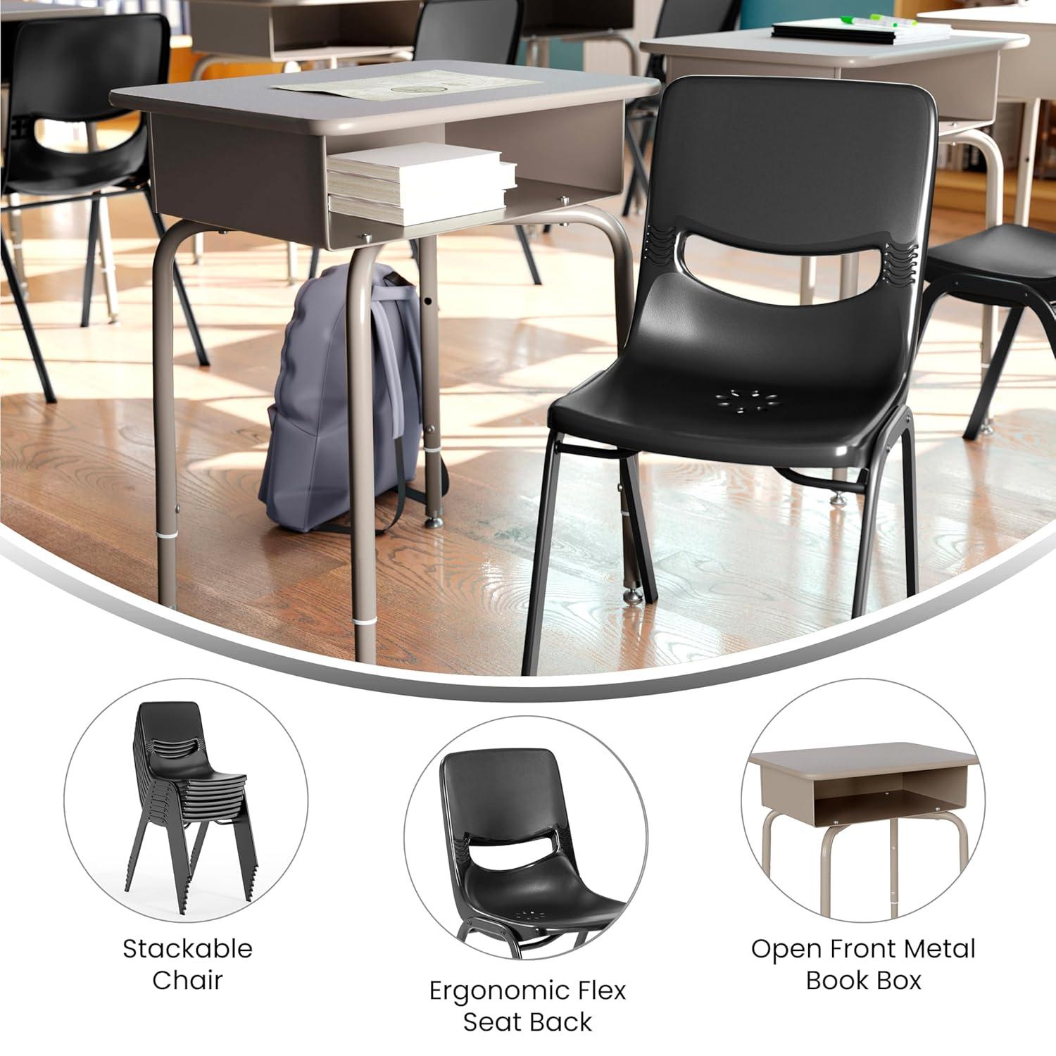 imageFlash Furniture Hercules Student Desk with Open Front Metal Book Box Desktop and Frame and HeavyDuty Flex Comfort Classroom Stack Set of 1 Natural TopBlack ChairGray Granite TopBlack Chair