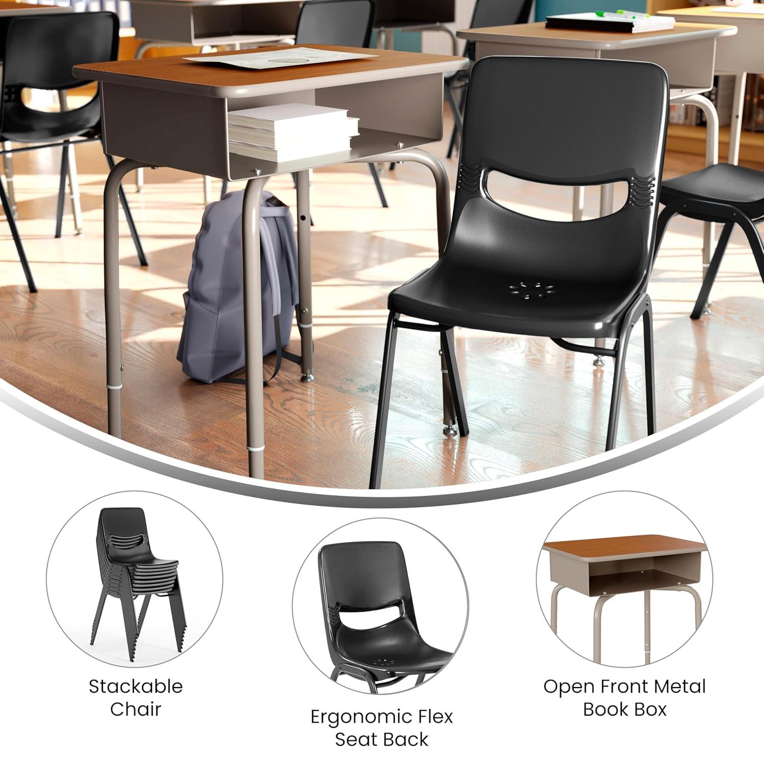 imageFlash Furniture Hercules Student Desk with Open Front Metal Book Box Desktop and Frame and HeavyDuty Flex Comfort Classroom Stack Set of 1 Natural TopBlack ChairWalnut TopBlack Chair