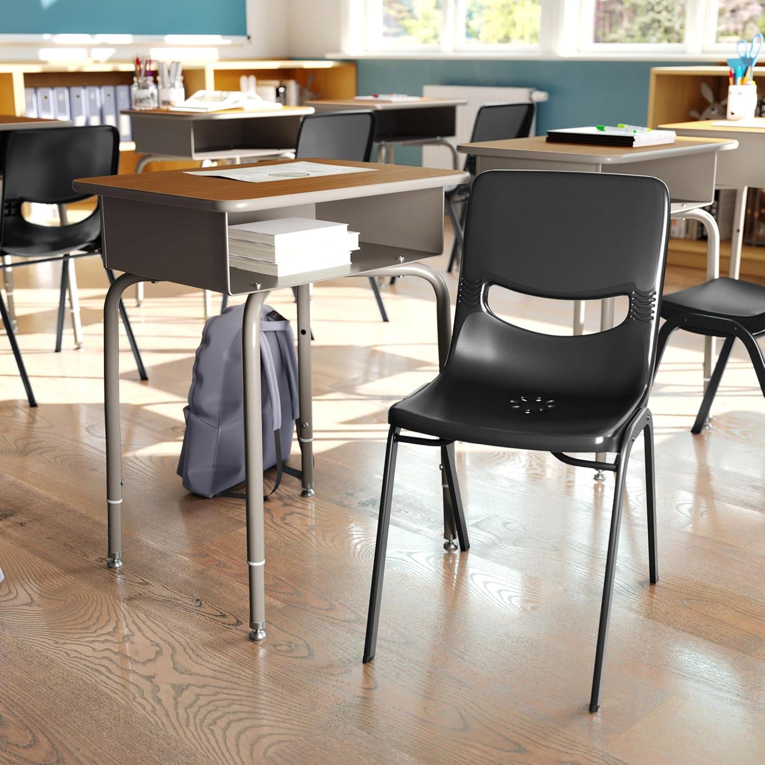 imageFlash Furniture Hercules Student Desk with Open Front Metal Book Box Desktop and Frame and HeavyDuty Flex Comfort Classroom Stack Set of 1 Natural TopBlack ChairWalnut TopBlack Chair