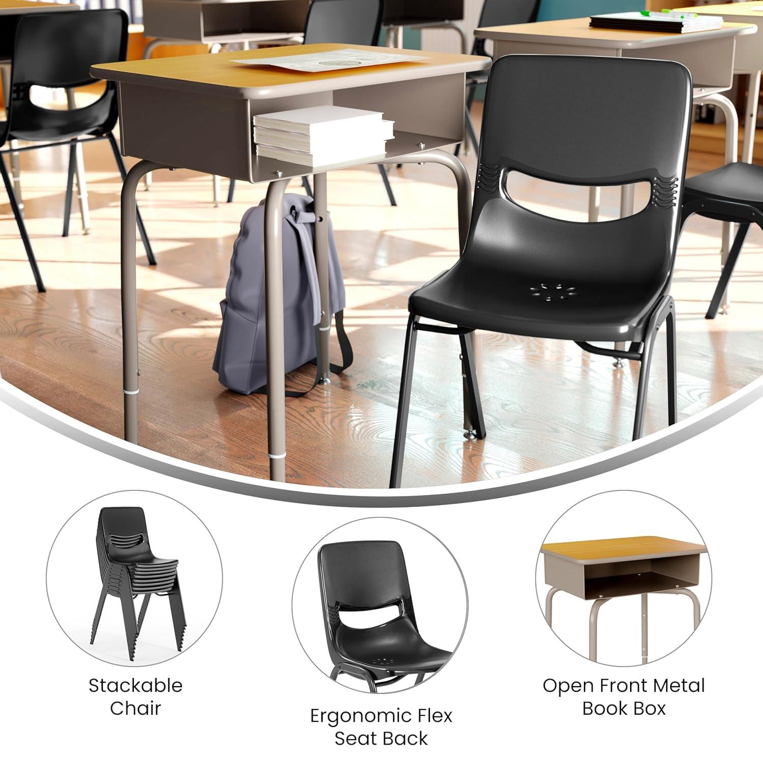 imageFlash Furniture Hercules Student Desk with Open Front Metal Book Box Desktop and Frame and HeavyDuty Flex Comfort Classroom Stack Set of 1 Natural TopBlack ChairMaple TopBlack Chair