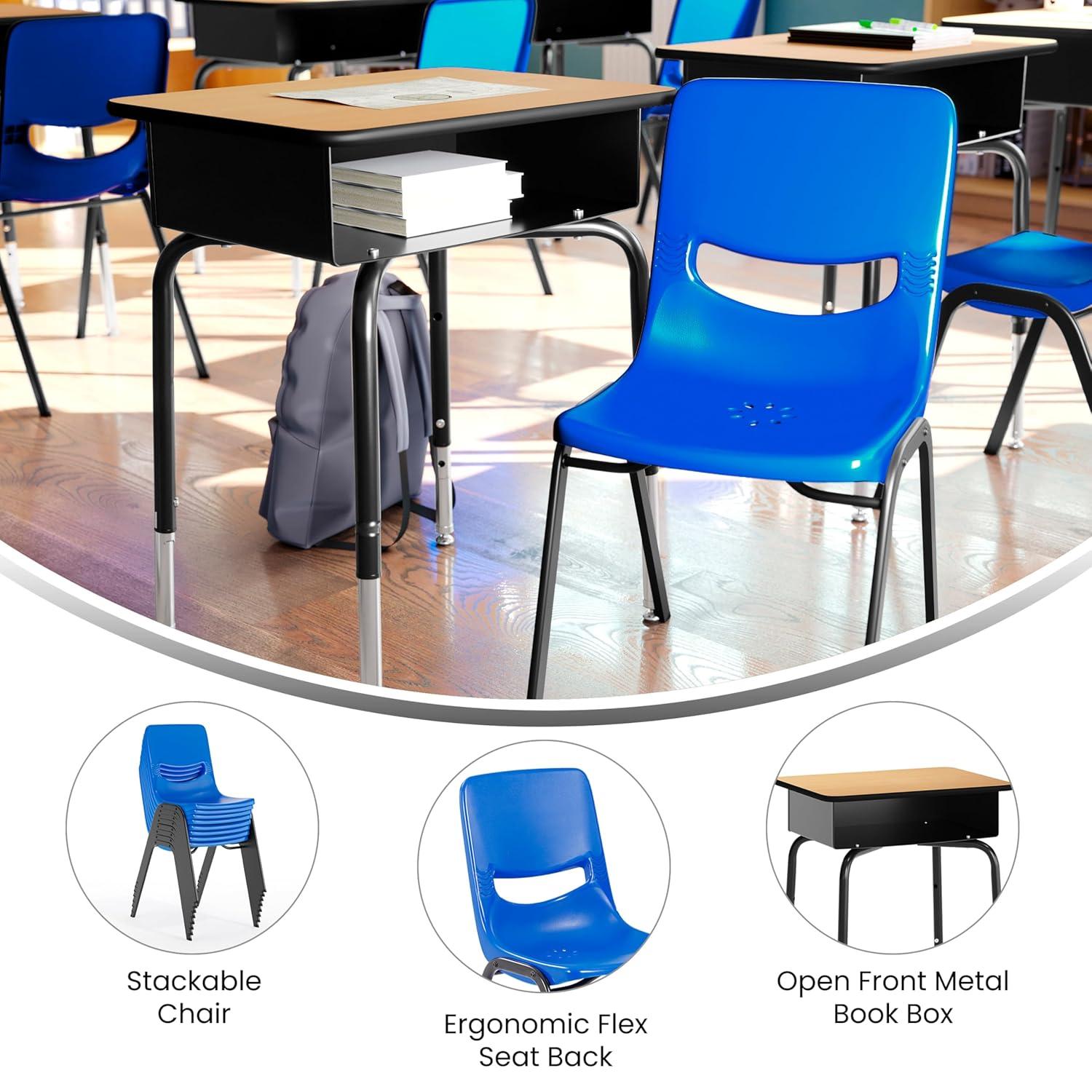 imageFlash Furniture Hercules Student Desk with Open Front Metal Book Box Desktop and Frame and HeavyDuty Flex Comfort Classroom Stack Set of 1 Natural TopBlack ChairNatural TopNavy Chair