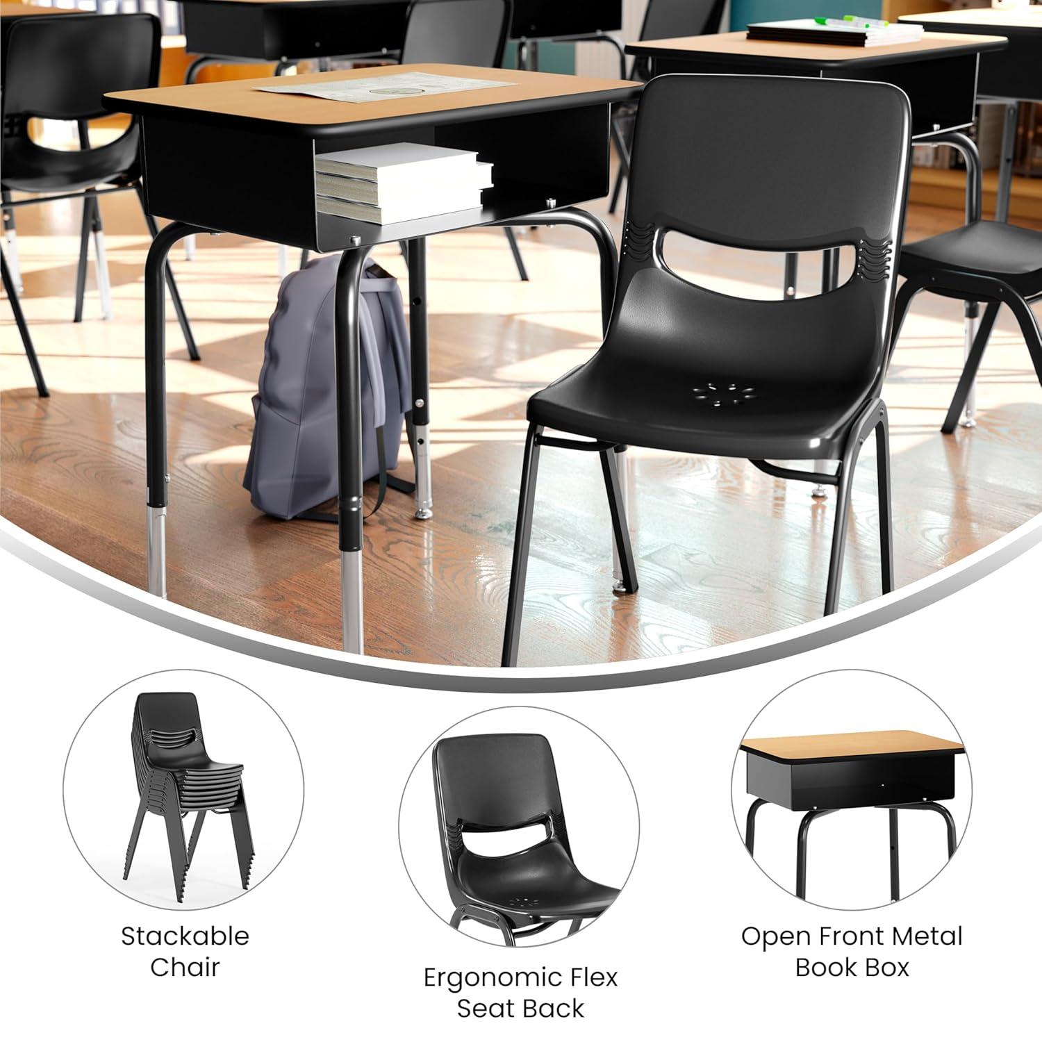 imageFlash Furniture Hercules Student Desk with Open Front Metal Book Box Desktop and Frame and HeavyDuty Flex Comfort Classroom Stack Set of 1 Natural TopBlack ChairNatural TopBlack Chair