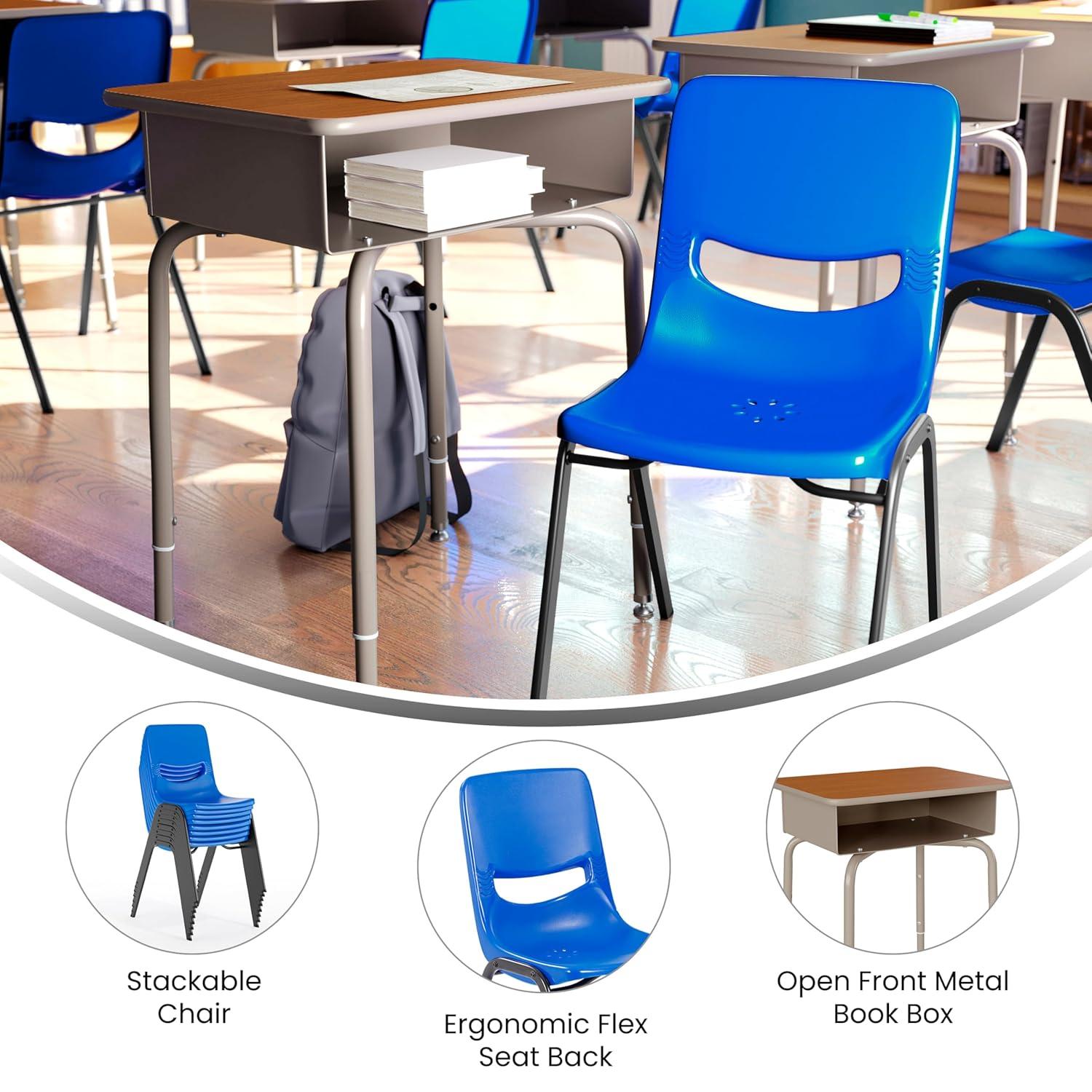 imageFlash Furniture Hercules Student Desk with Open Front Metal Book Box Desktop and Frame and HeavyDuty Flex Comfort Classroom Stack Set of 1 Natural TopBlack ChairWalnut TopNavy Chair