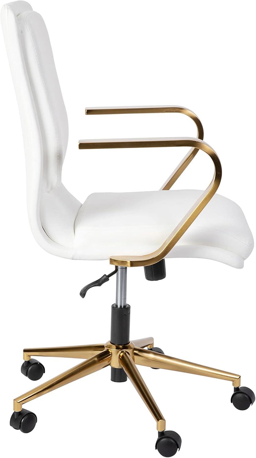 imageFlash Furniture James MidBack Designer Executive Office Chair White LeatherSoft Upholstery Brushed Gold Base and Arms Height Adjustable 360 Swivel SeatWhiteGold